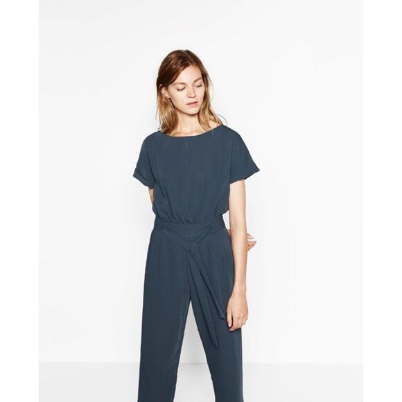 ZARA Tie Front Ankle Jumpsuit in Teal Sz‎ Small - Picture 1 of 7